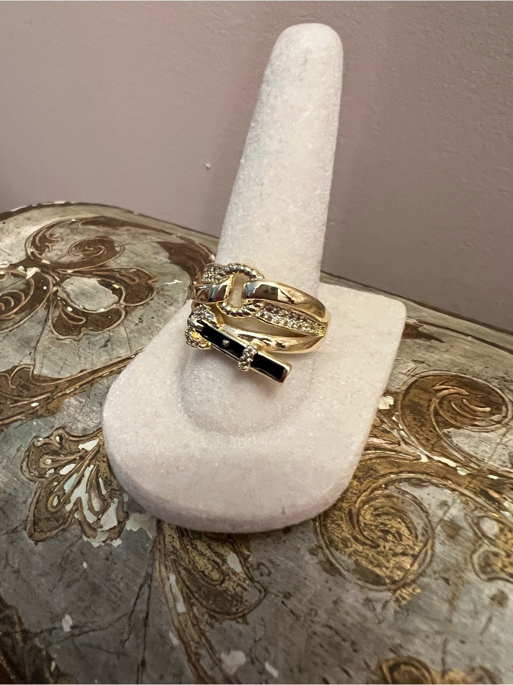 Gold Chain-Link Ring with Black Enamel Belt and Crystal Accents - Picture 2 of 7